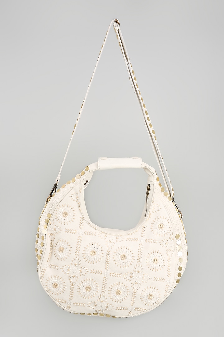 White Banjara Patch Fabric Tassels & Thread Embroidered Handcrafted Handbag by Vipul Shah Bags at Pernia's Pop Up Shop