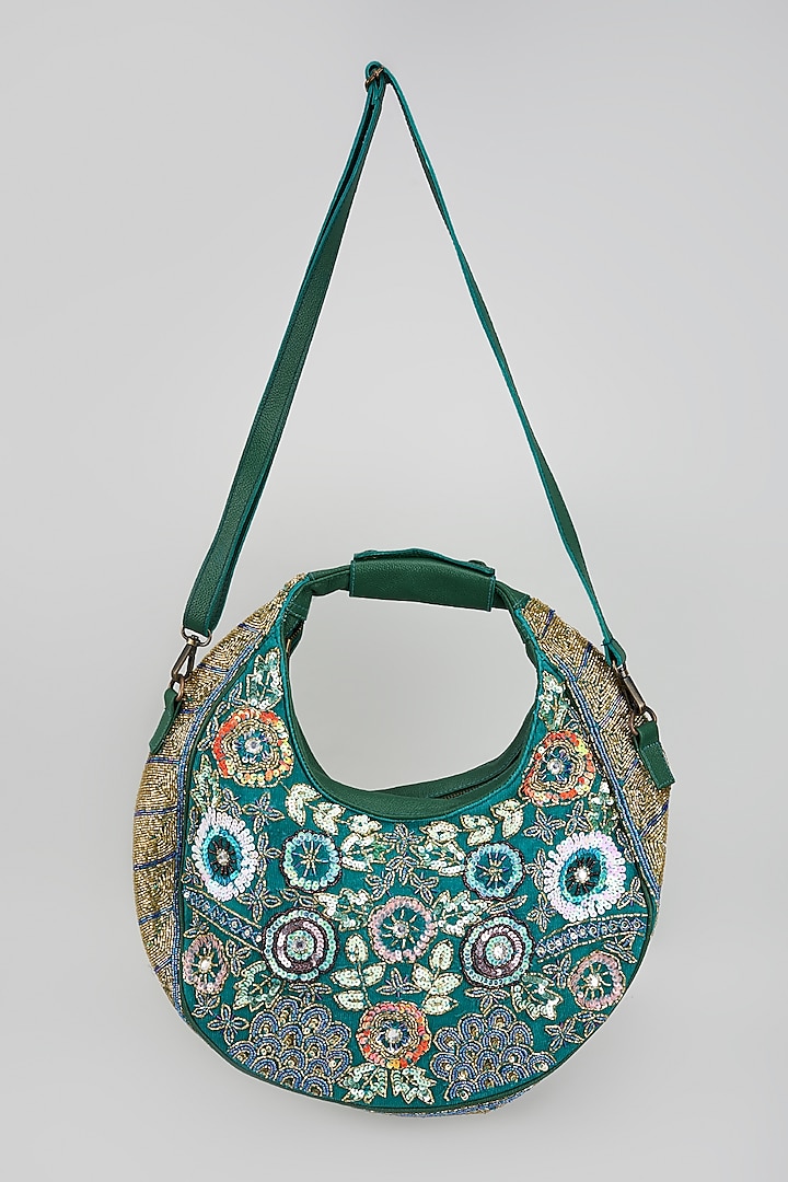 Green Banjara Patch Fabric Tassels & Thread Embroidered Handcrafted Handbag by Vipul Shah Bags