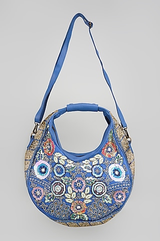 Blue Banjara Patch Fabric Tassels & Thread Embroidered Handcrafted Handbag by Vipul Shah Bags