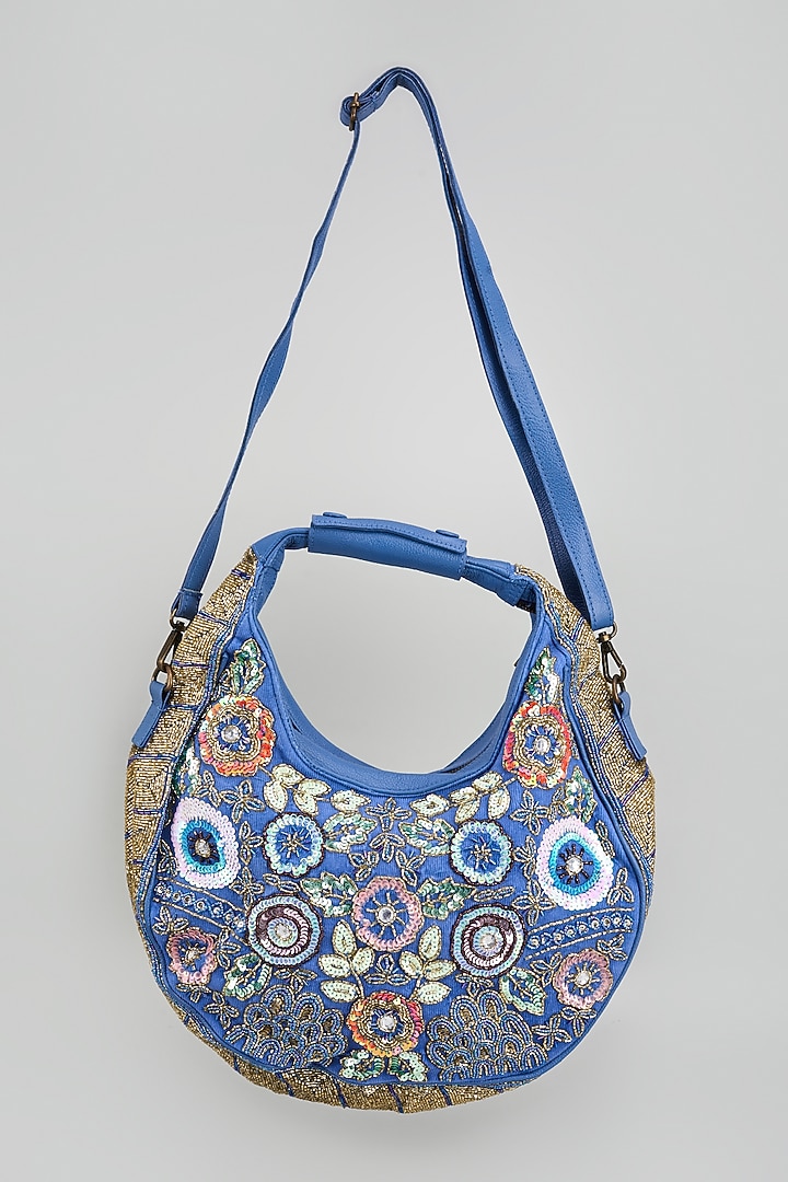 Blue Banjara Patch Fabric Tassels & Thread Embroidered Handcrafted Handbag by Vipul Shah Bags at Pernia's Pop Up Shop