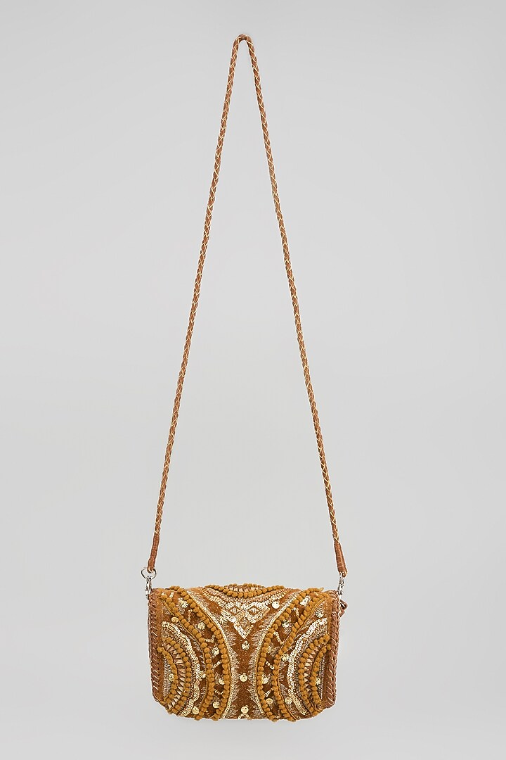Brown Banjara Patch Fabric Tassels & Thread Embroidered Handcrafted Sling Bag by Vipul Shah Bags at Pernia's Pop Up Shop