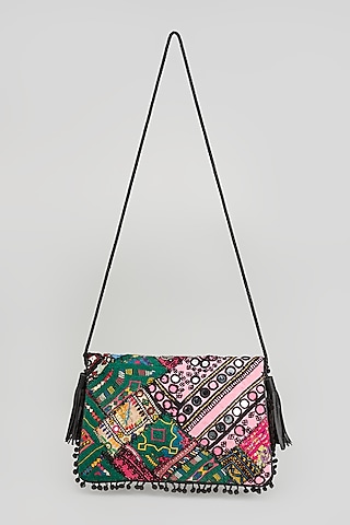 Black Banjara Patch Fabric Tassels & Thread Embroidered Handcrafted Sling Bag by Vipul Shah Bags