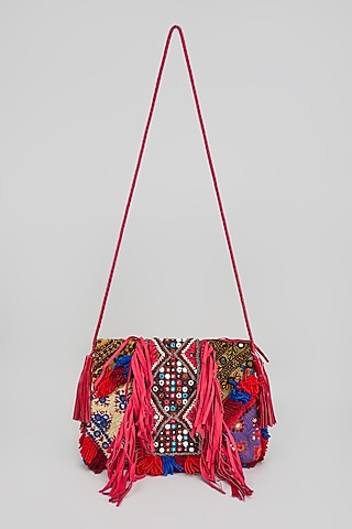 Red Banjara Patch Fabric Tassels & Thread Embroidered Handcrafted Sling Bag by Vipul Shah Bags