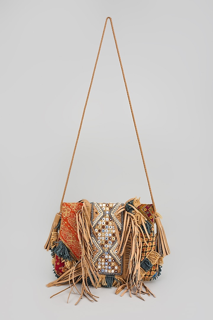Multi-Colored Banjara Patch Fabric Tassels & Thread Embroidered Handcrafted Sling Bag by Vipul Shah Bags