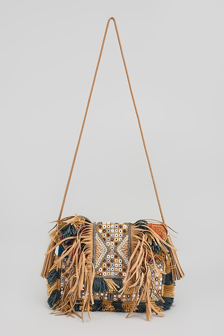 Multi-Colored Banjara Patch Fabric Tassels & Thread Embroidered Handcrafted Sling Bag by Vipul Shah Bags at Pernia's Pop Up Shop
