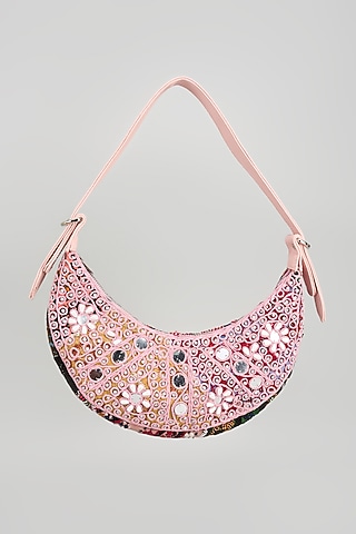 Pink Banjara Patch Fabric Tassels & Thread Embroidered Handcrafted Handbag by Vipul Shah Bags