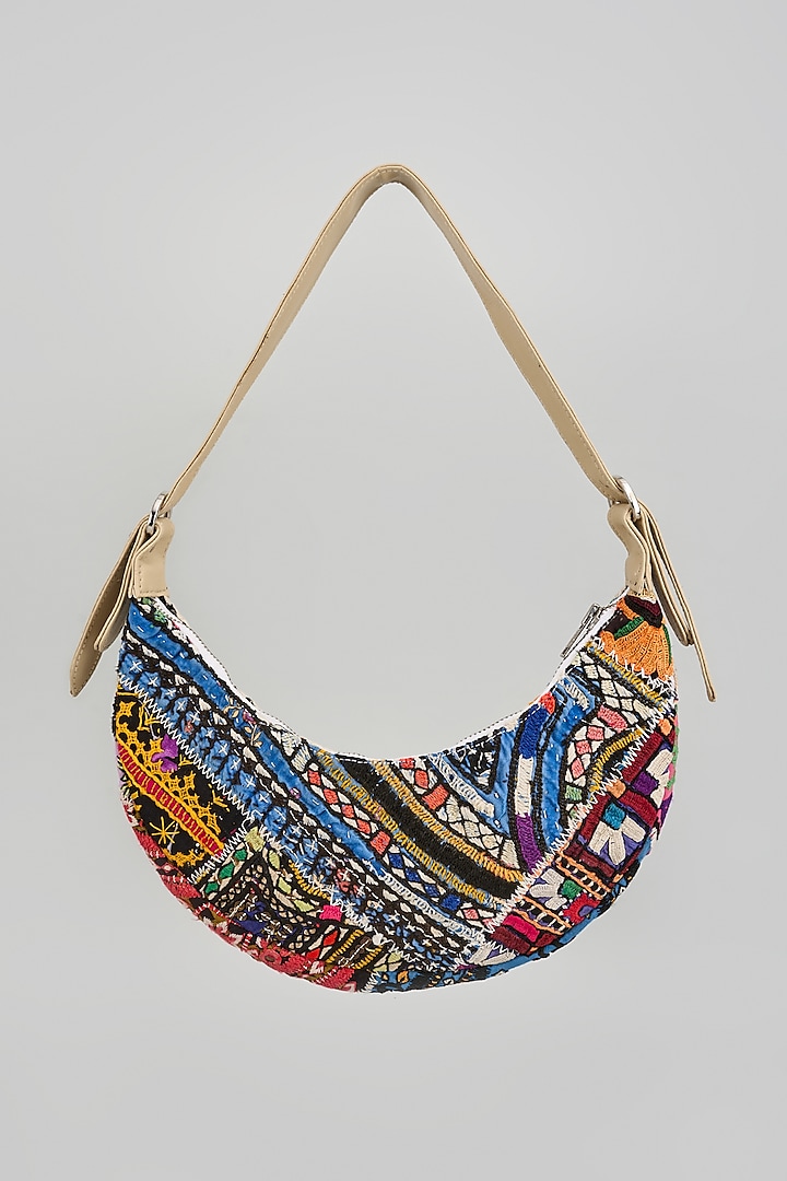 Beige Banjara Patch Fabric Tassels & Thread Embroidered Handcrafted Handbag by Vipul Shah Bags at Pernia's Pop Up Shop