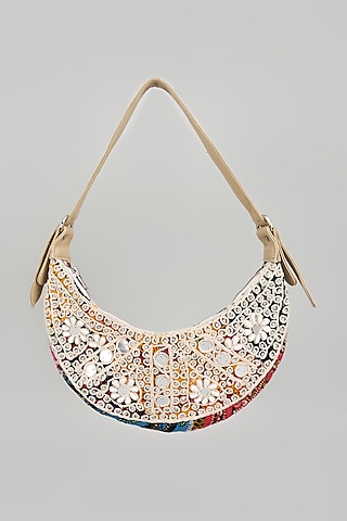 Beige Banjara Patch Fabric Tassels & Thread Embroidered Handcrafted Handbag by Vipul Shah Bags