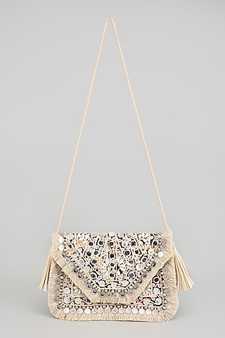 White Banjara Patch Fabric Embroidered Handbag by Vipul Shah Bags