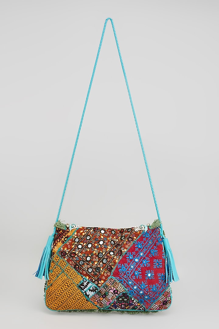 Blue Banjara Patch Fabric Embroidered Handbag by Vipul Shah Bags at Pernia's Pop Up Shop