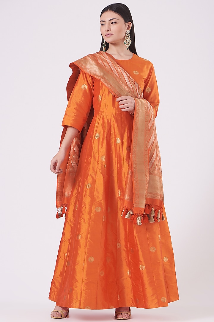 Surburnt Orange Pure Silk Anarkali Set by Pinki Sinha