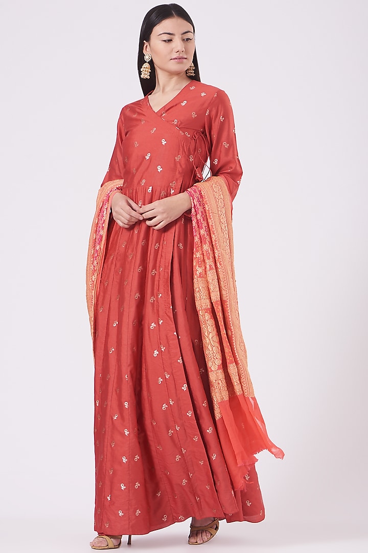 Dull Red Summer Silk Angrakha Kurta Set by Pinki Sinha