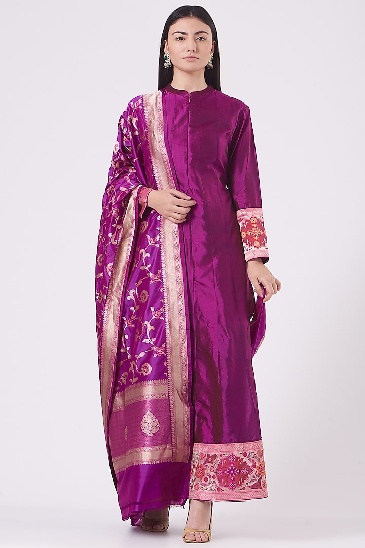 Purple Silk Angrakha Kurta Set by Pinki Sinha