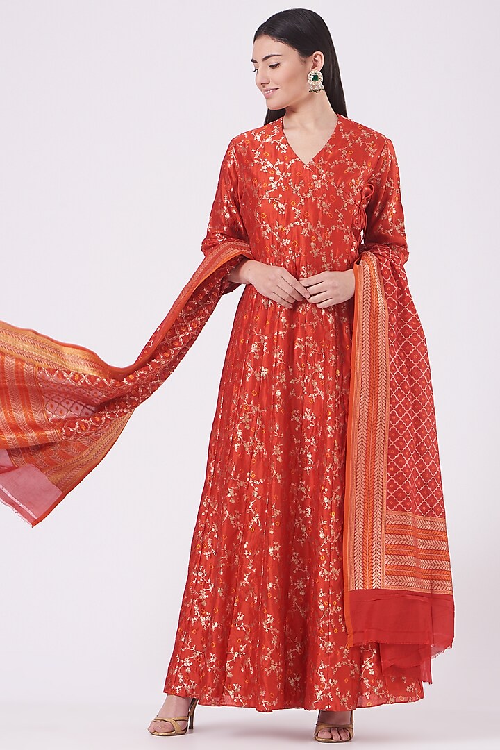 Bright Red Summer Silk Angrakha Kurta Set by Pinki Sinha