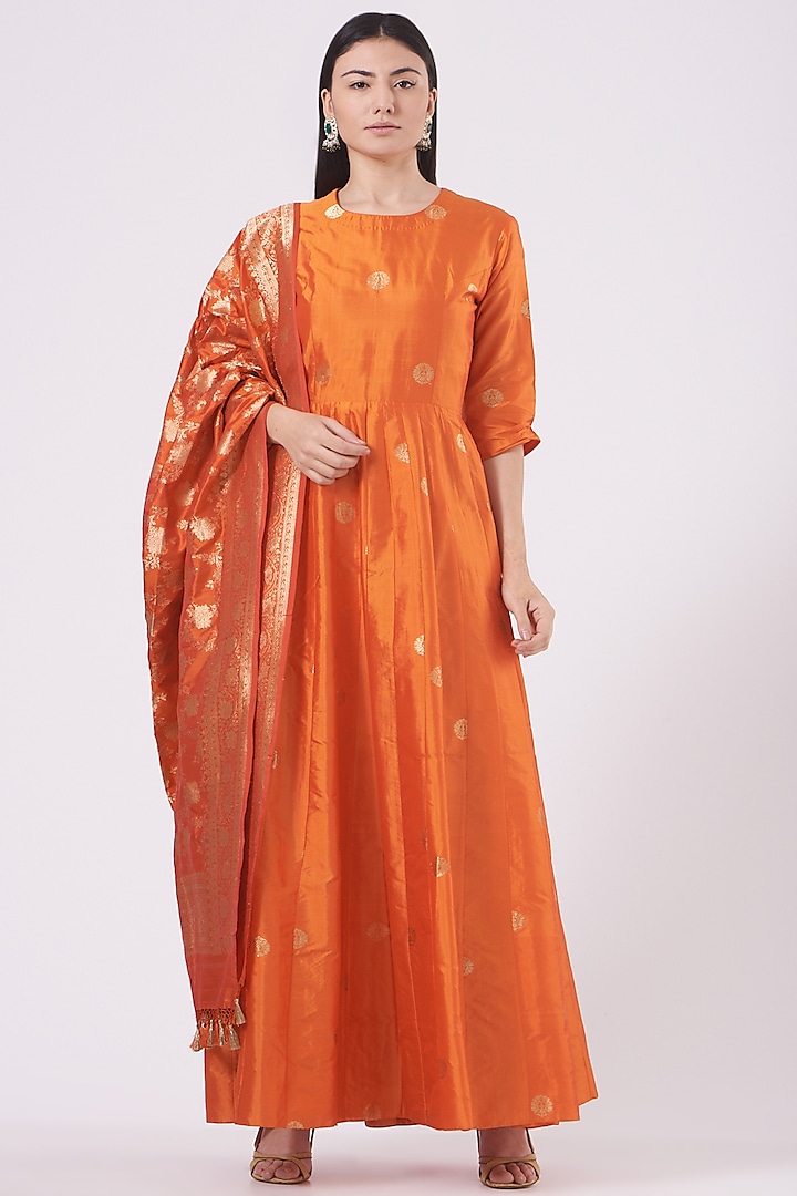 Blaze Orange Silk Anarkali Set by Pinki Sinha