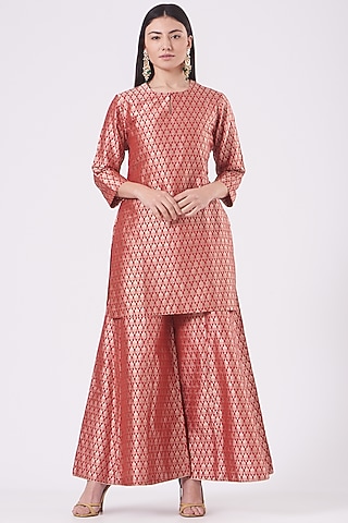 Dusty Red Brocade Silk Sharara Set by Pinki Sinha