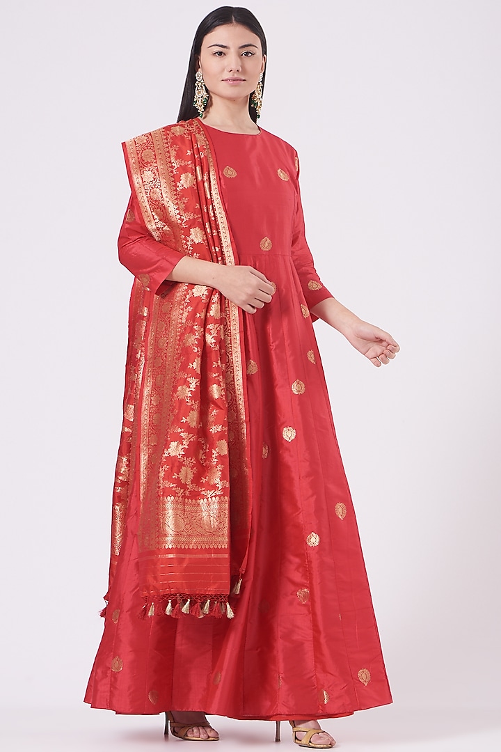 Clear Red Silk Anarkali Set by Pinki Sinha