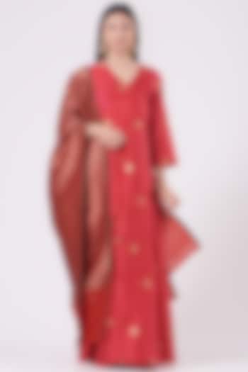 Clear Red Silk Angrakha Kurta Set by Pinki Sinha