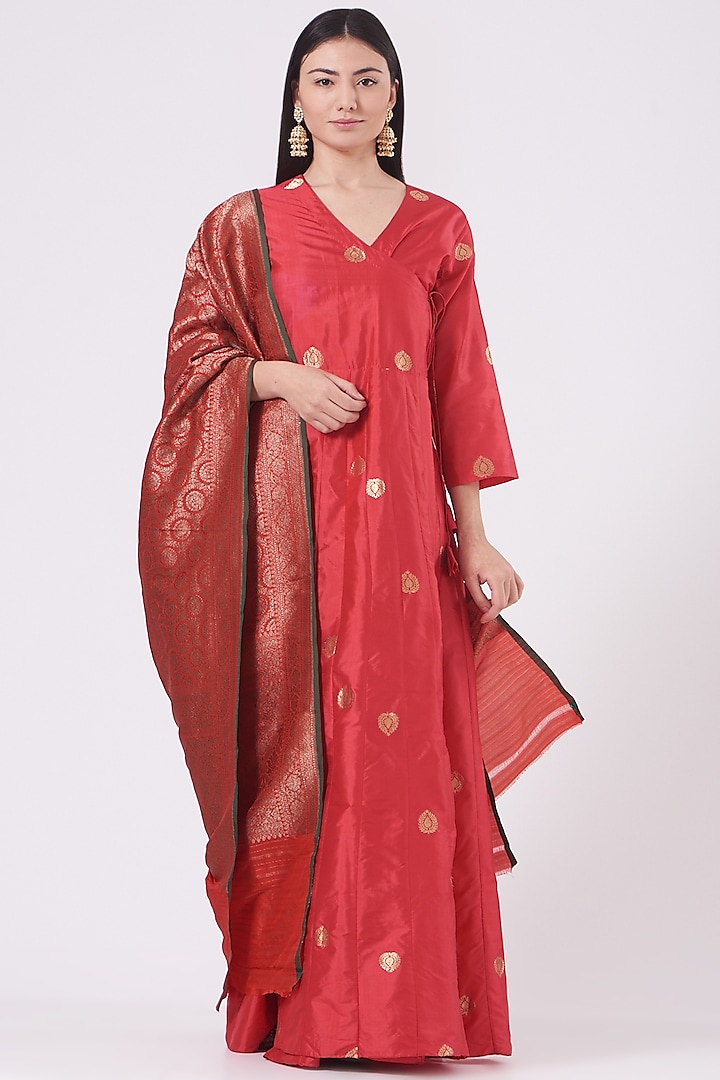 Clear Red Silk Angrakha Kurta Set by Pinki Sinha