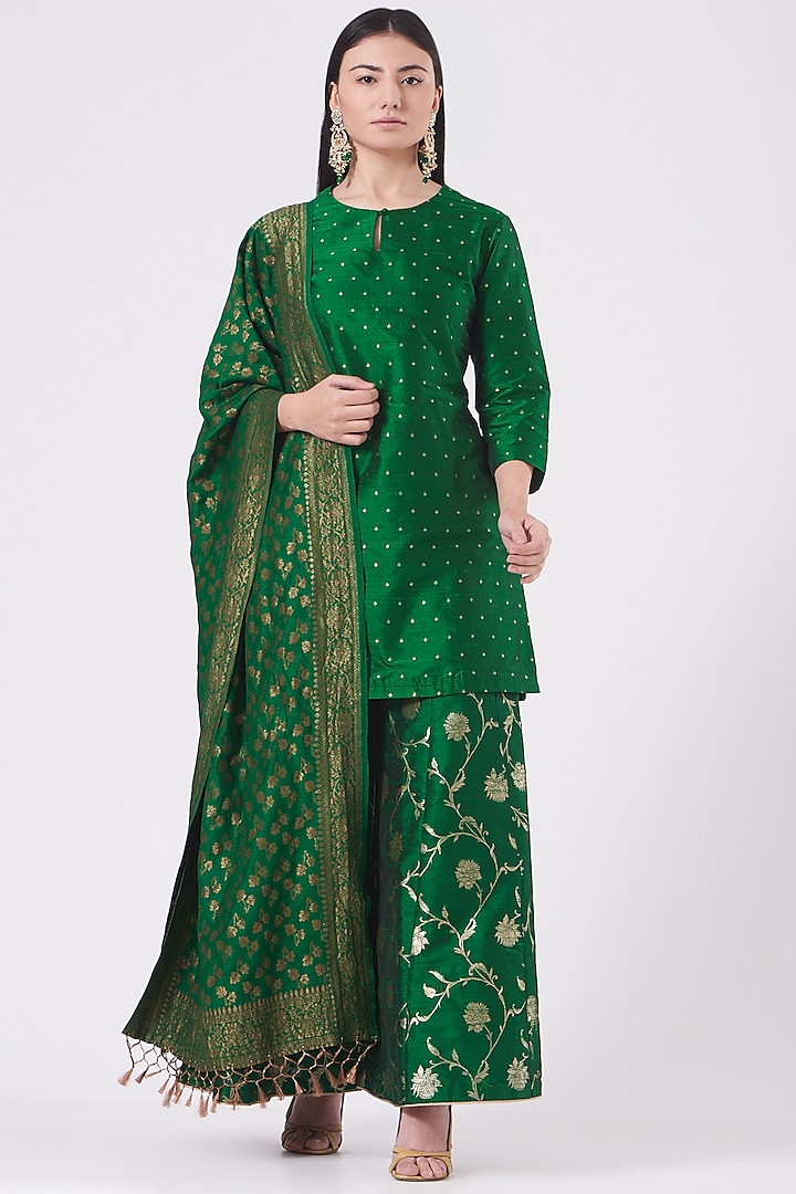 Emerald Green Silk Sharara Set by Pinki Sinha