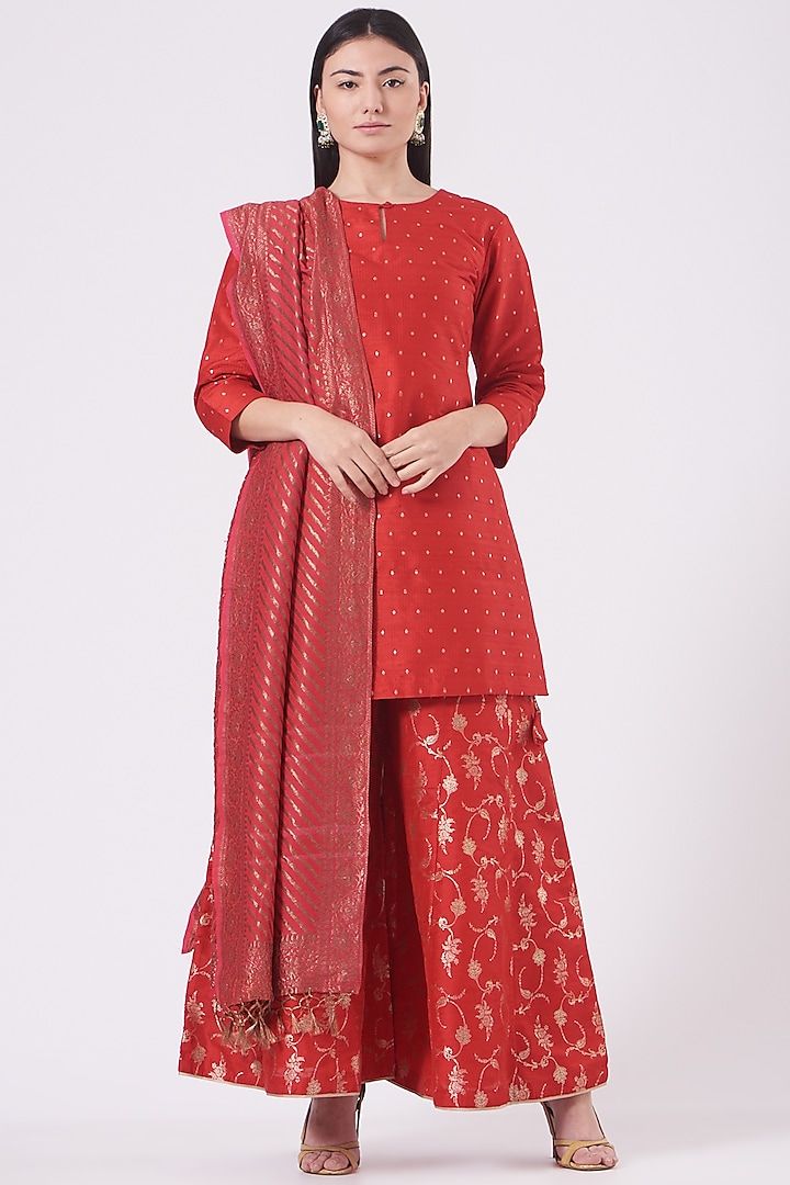 Clear Red Silk Sharara Set by Pinki Sinha