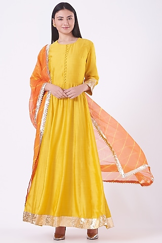 Yellow Embroidered Anarkali Set by Pinki Sinha