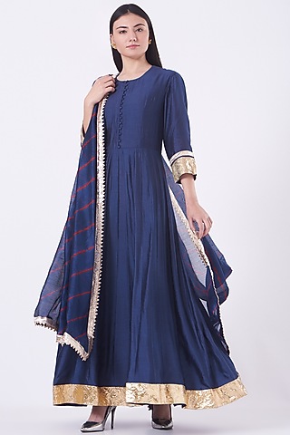 Navy Blue Embroidered Anarkali Set by Pinki Sinha