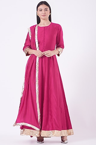 Deep Pink Embroidered Anarkali Set by Pinki Sinha