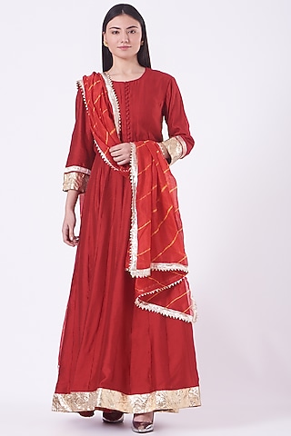 Dark Red Embroidered Anarkali Set by Pinki Sinha