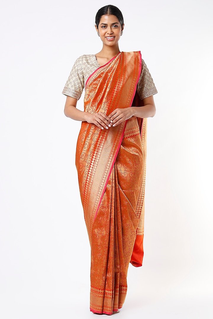 Orange Handwoven Pure Silk Saree by Pinki Sinha