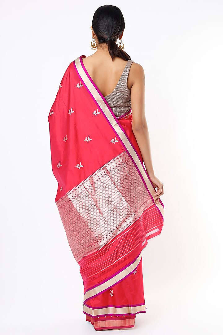 Reddish Orange Handwoven Banarasi Silk Party Wear Saree by Pinki Sinha at Pernia's Pop Up Shop