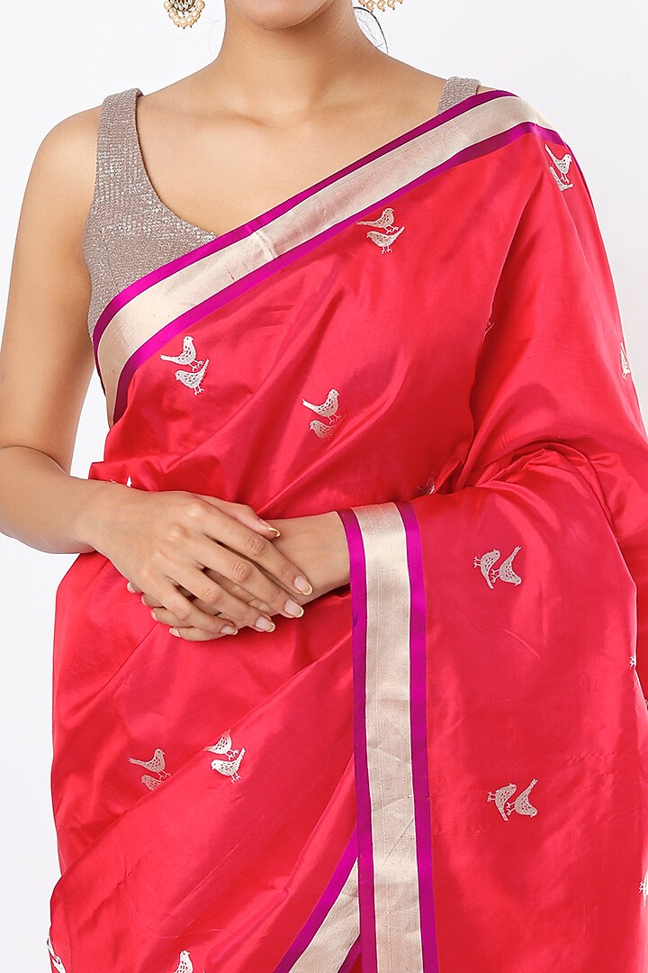Reddish Orange Handwoven Banarasi Silk Party Wear Saree by Pinki Sinha at Pernia's Pop Up Shop