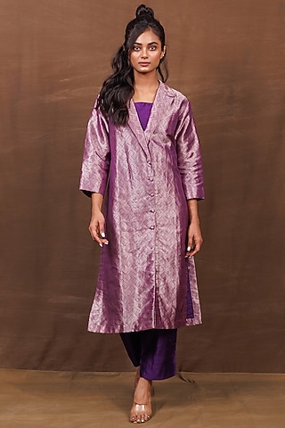 Purple Banarasi Silk Handwoven Long Jacket Set by Pinki Sinha