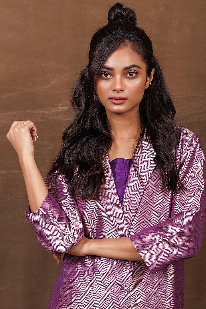 Purple Banarasi Silk Handwoven Long Jacket Set by Pinki Sinha at Pernia's Pop Up Shop