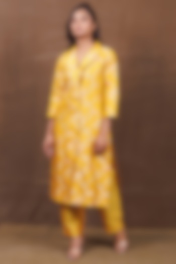 Yellow Banarasi Silk Handwoven Long Jacket Set by Pinki Sinha