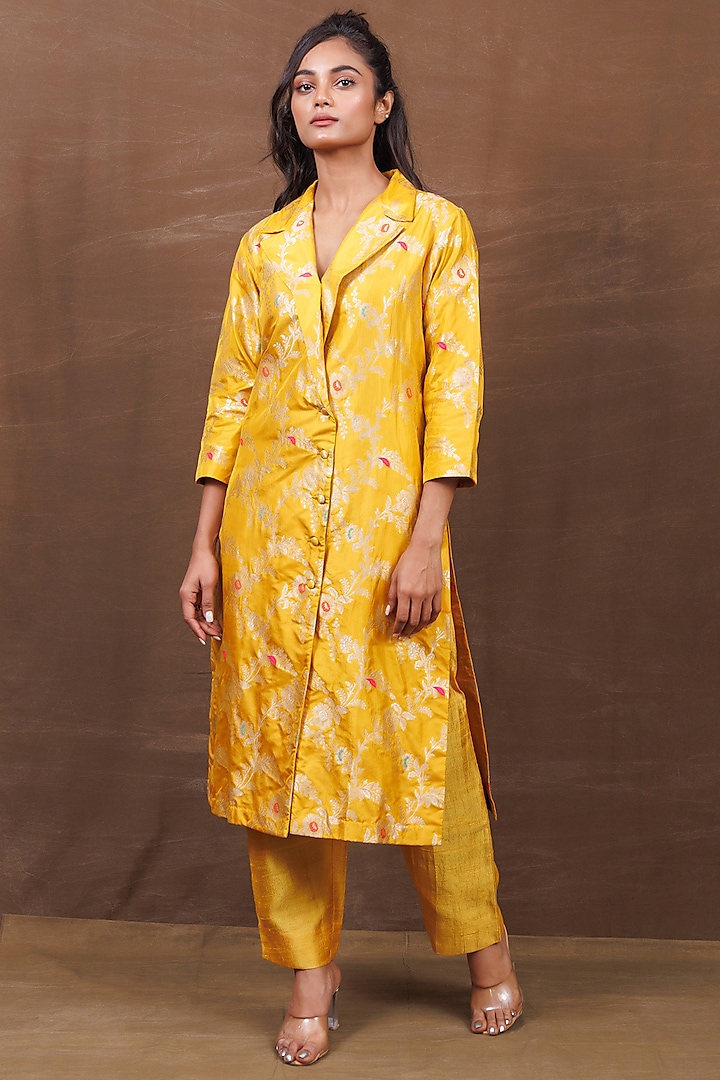Yellow Banarasi Silk Handwoven Long Jacket Set by Pinki Sinha