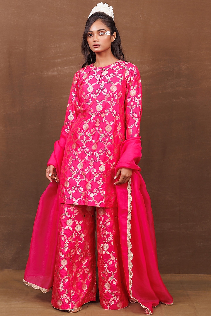 Pink Banarasi Silk Handwoven Sharara Set by Pinki Sinha at Pernia's Pop Up Shop