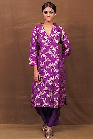 Purple Banarasi Silk Handwoven Long Jacket Set by Pinki Sinha
