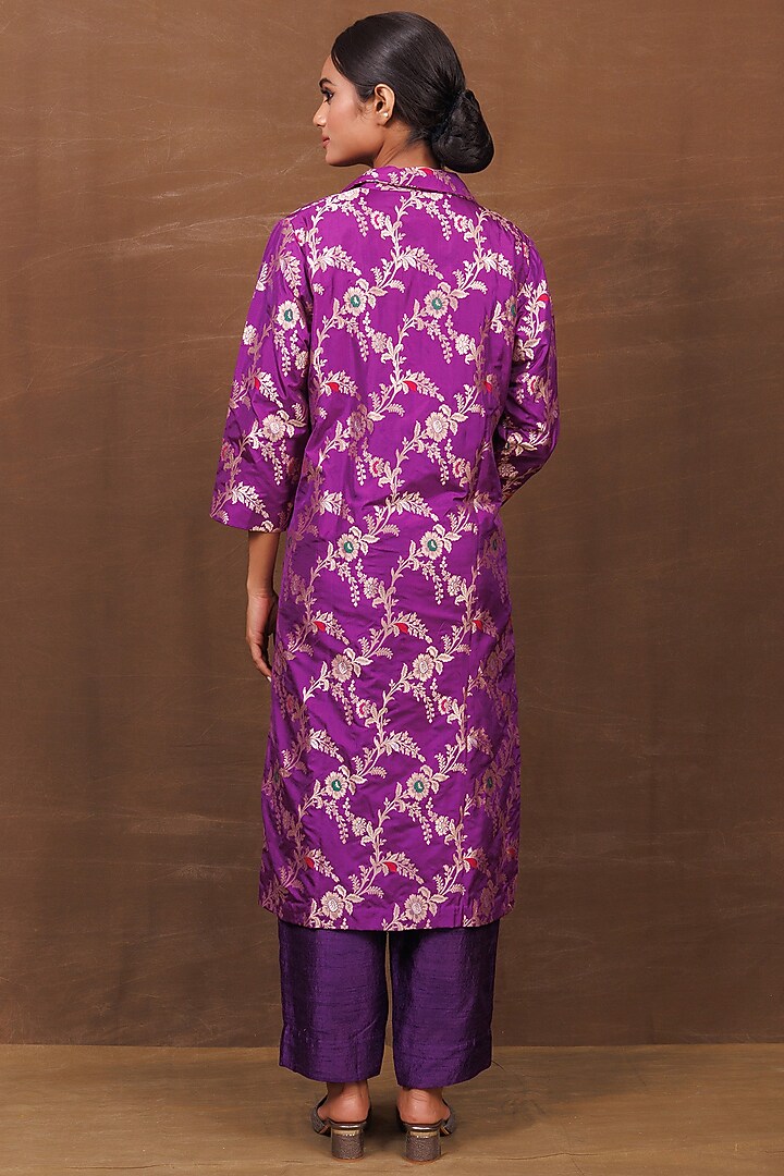 Purple Banarasi Silk Handwoven Long Jacket Set by Pinki Sinha at Pernia's Pop Up Shop