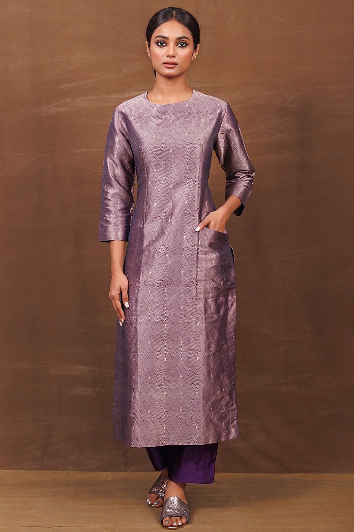Purple Banarasi Silk Handwoven Kurta Set by Pinki Sinha