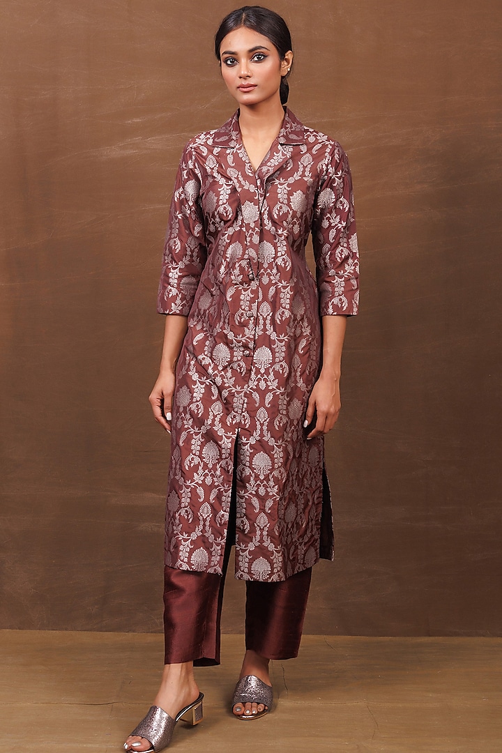 Brown Banarasi Silk Handwoven Long Jacket Set by Pinki Sinha