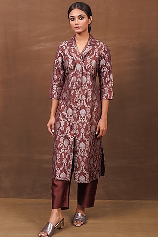 Brown Banarasi Silk Handwoven Long Jacket Set by Pinki Sinha