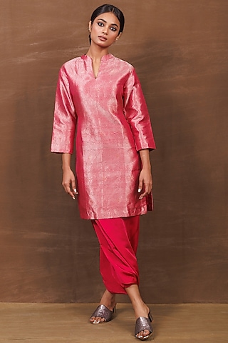 Pink Banarasi Silk Handwoven Dhoti Skirt Set by Pinki Sinha