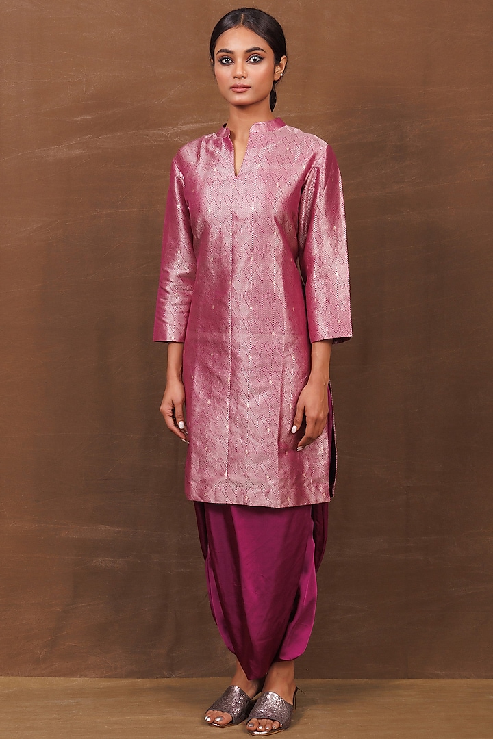 Magenta Pink Banarasi Silk Handwoven Dhoti Skirt Set by Pinki Sinha