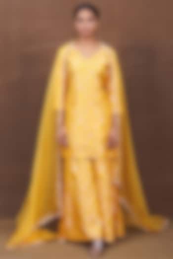 Yellow Banarasi Silk Handwoven Sharara Set by Pinki Sinha