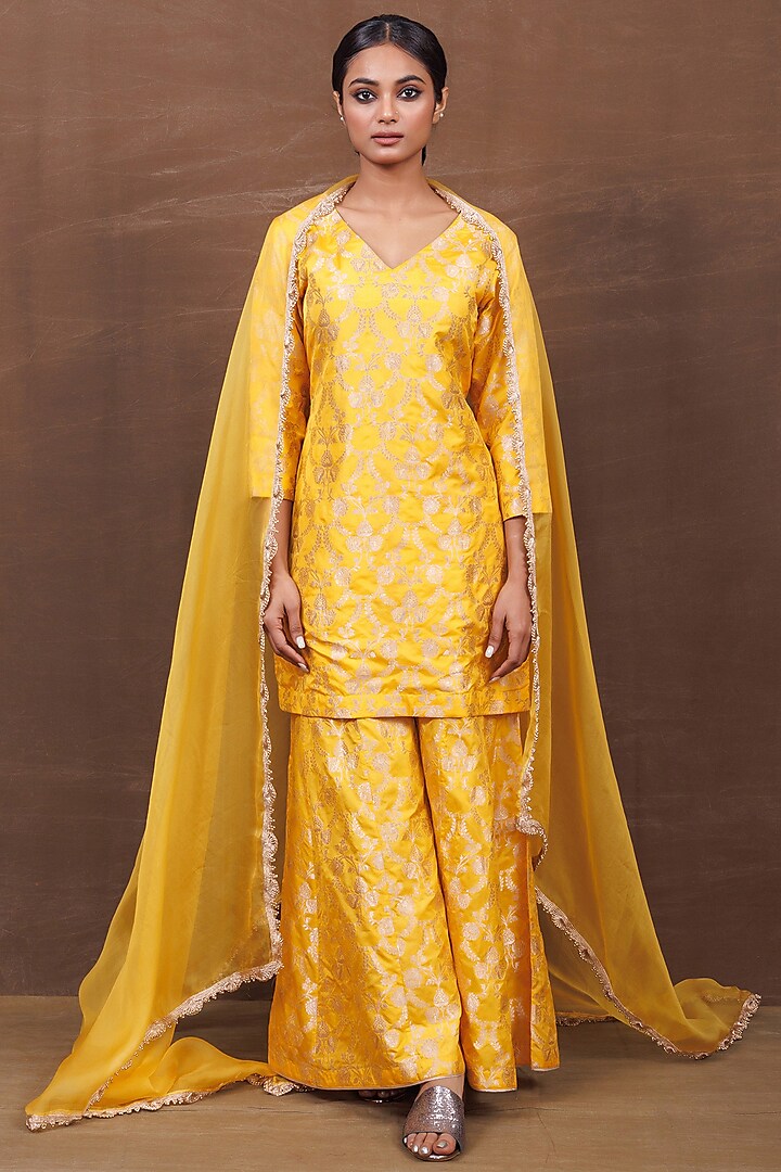 Yellow Banarasi Silk Handwoven Sharara Set by Pinki Sinha