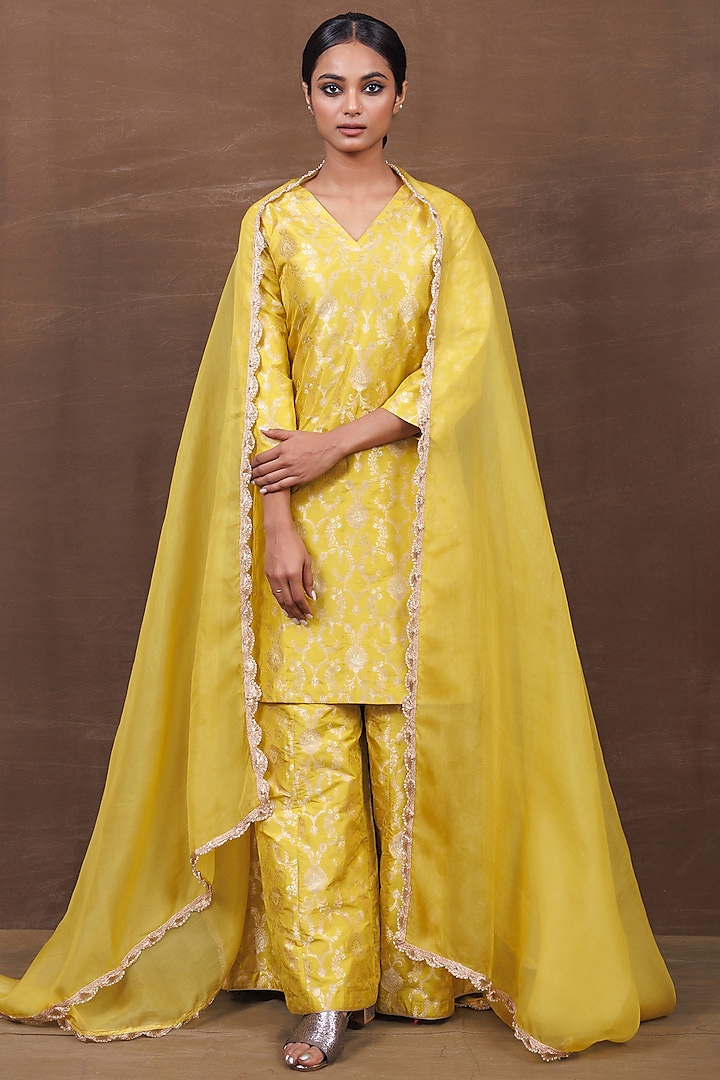 Lime Green Banarasi Silk Handwoven Sharara Set by Pinki Sinha
