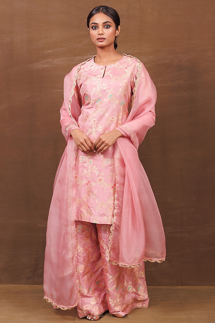 Pastel Pink Banarasi Silk Handwoven Sharara Set by Pinki Sinha