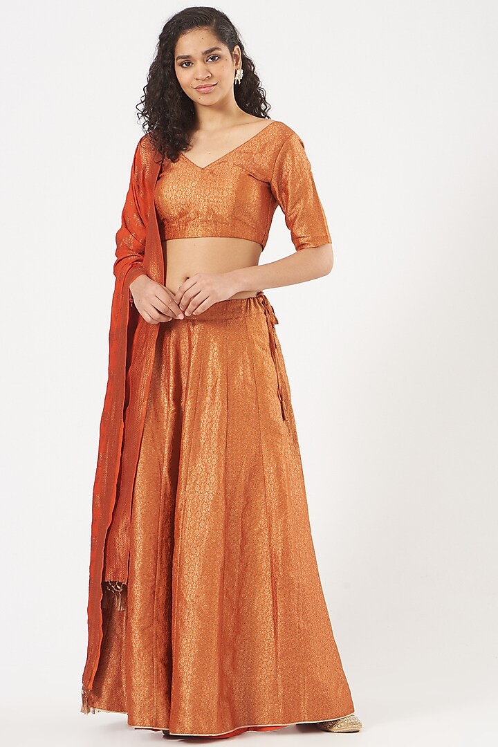 Orange Brocade Silk Lehenga Set by Vishwa By Pinki Sinha