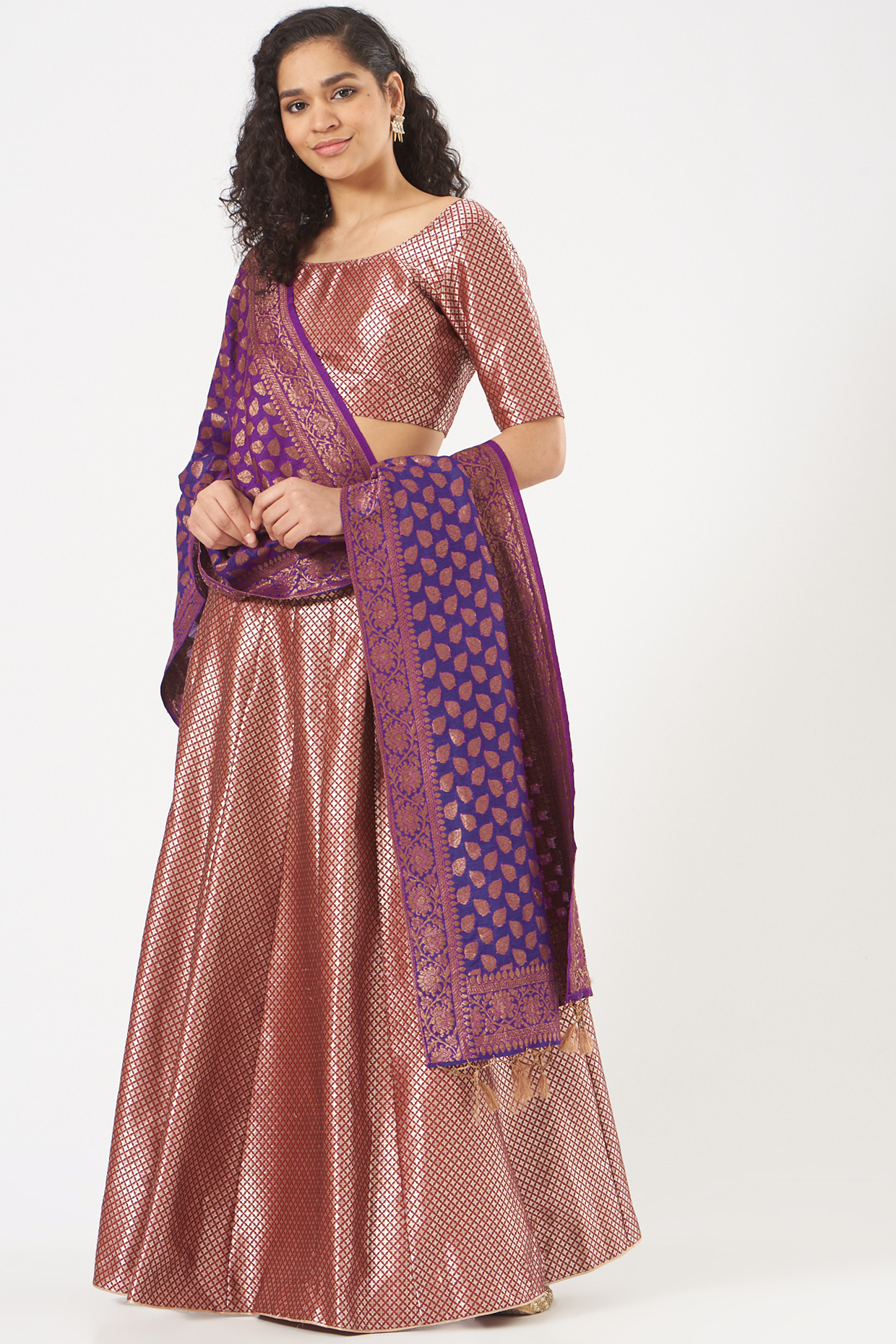 Wine Brocade Silk Lehenga Set by Vishwa By Pinki Sinha